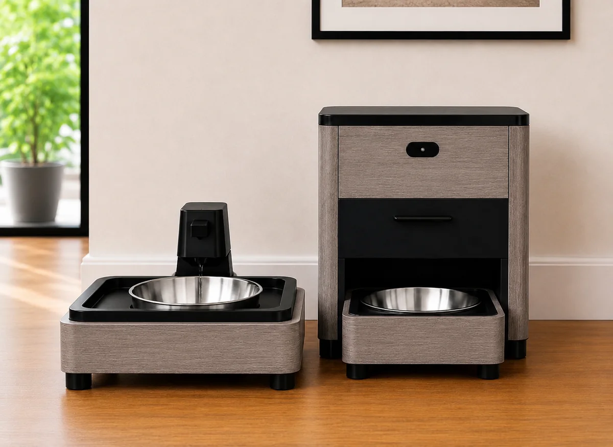 KibbleKraft Dispenser and Wellness Fountain set in Grey Oak