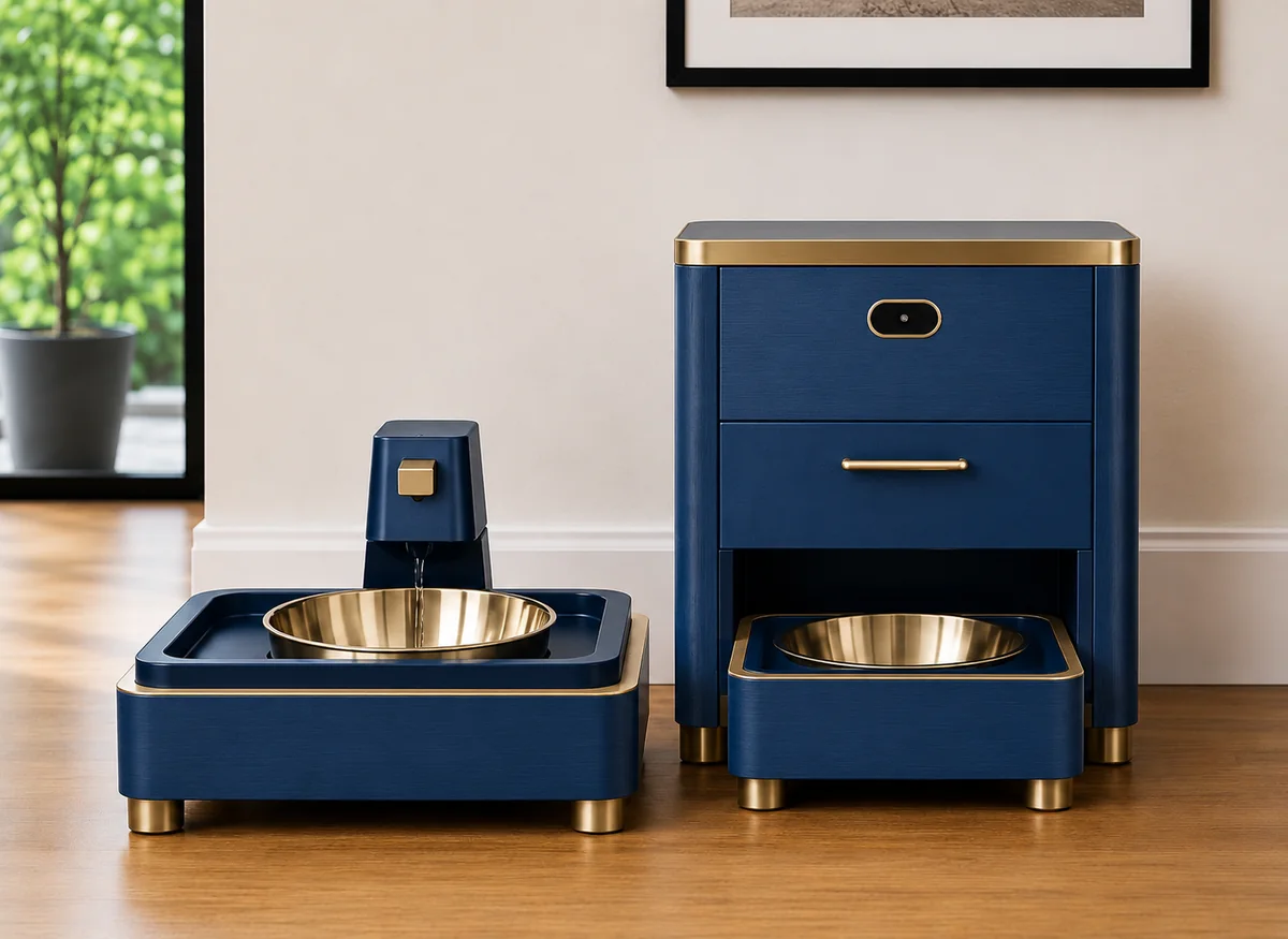 KibbleKraft Dispenser and Wellness Fountain bundle in Navy & Champagne