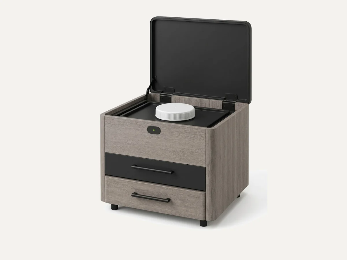 KibbleKraft Dispenser, open top with the cassette and feeding bay