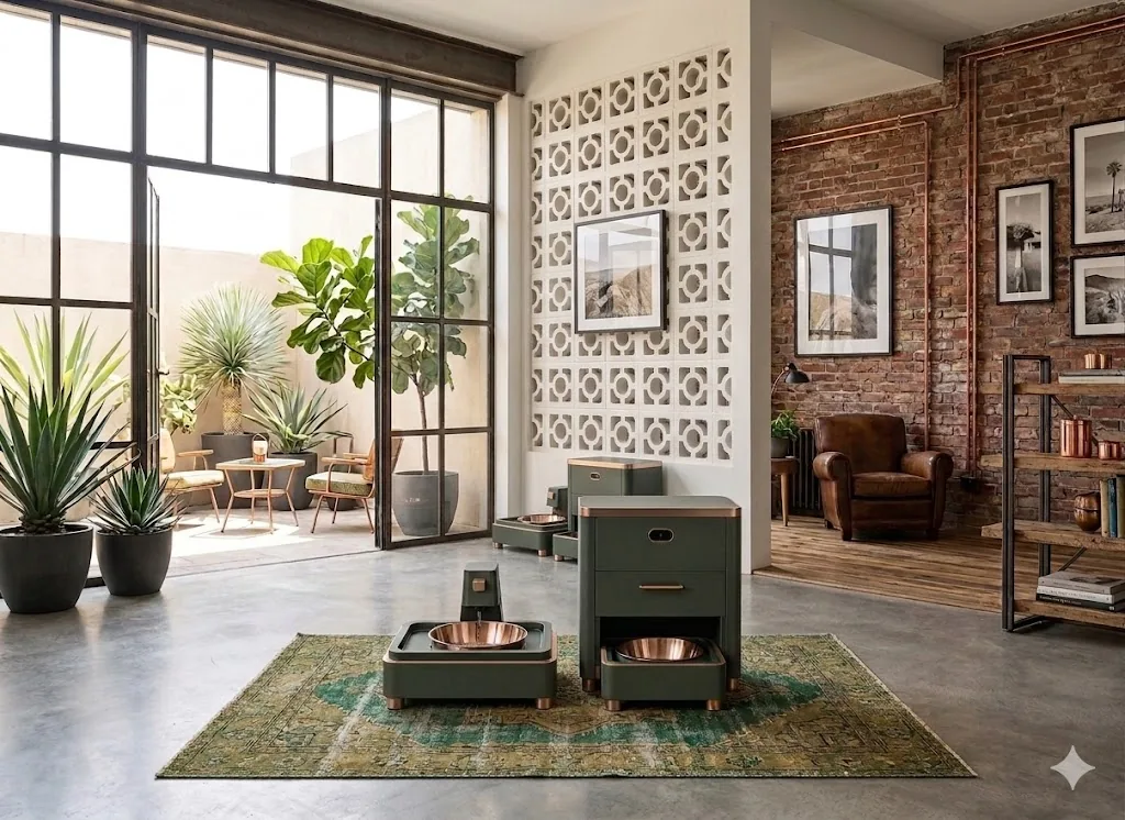 KibbleKraft Dispenser in Forest Green in a loft with a breeze-block wall