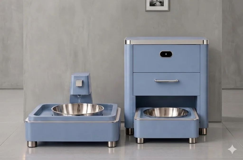 KibbleKraft in Coastal Blue against a modern wall