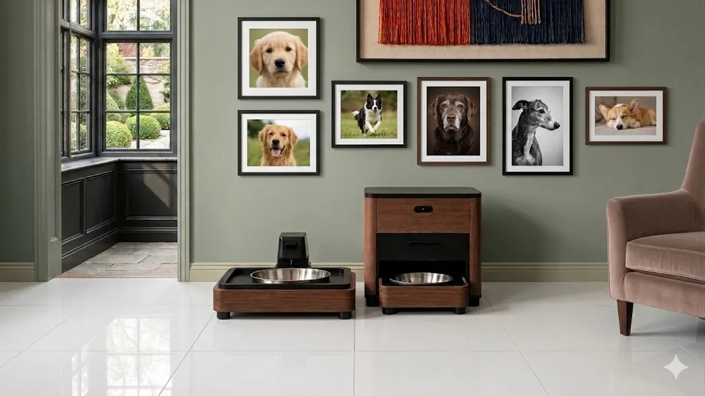 KibbleKraft in Dark Walnut in a sage-green room