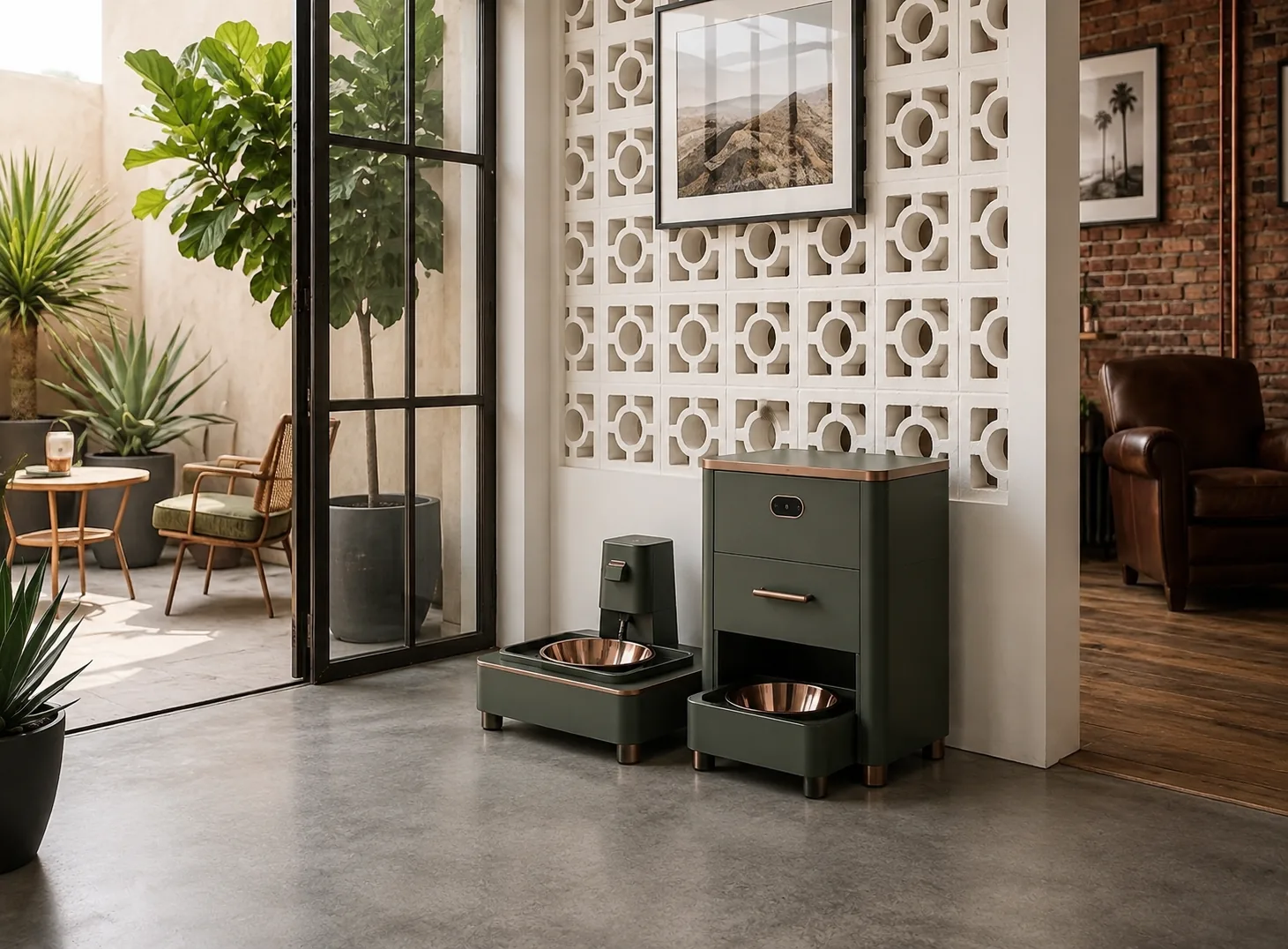 KibbleKraft Dispenser in Forest Green against a breeze-block wall