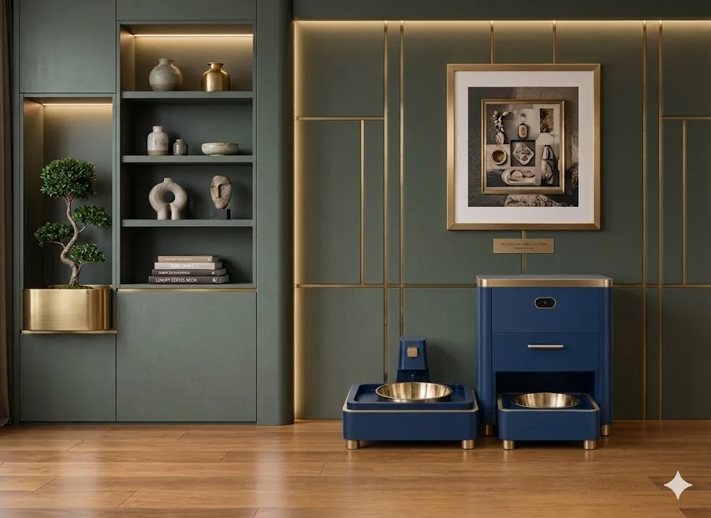 KibbleKraft in Blue in a green-panelled room