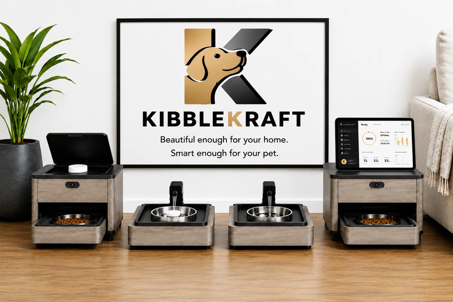 KibbleKraft Dispenser and Wellness Fountain lineup with the companion app