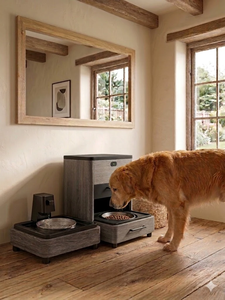 A golden retriever eating from the KibbleKraft Dispenser and Wellness Fountain set in Grey Oak, in a sunlit rustic room