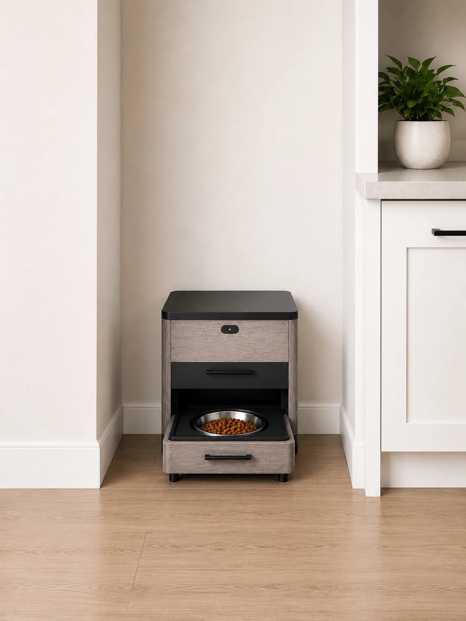 KibbleKraft SM Dispenser in Grey Oak.