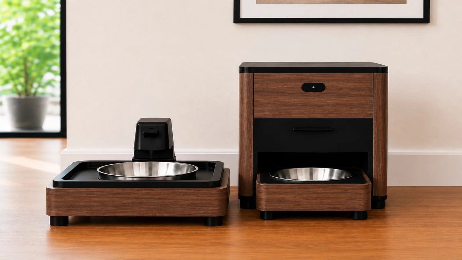 KibbleKraft SM Bundle Suite in Walnut — SM Dispenser paired with the matching Wellness Fountain.