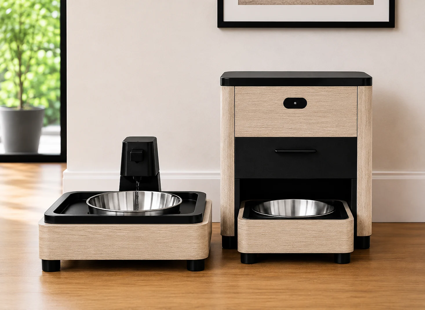 KibbleKraft ST Bundle Suite in White Oak — ST Dispenser paired with the matching Wellness Fountain.