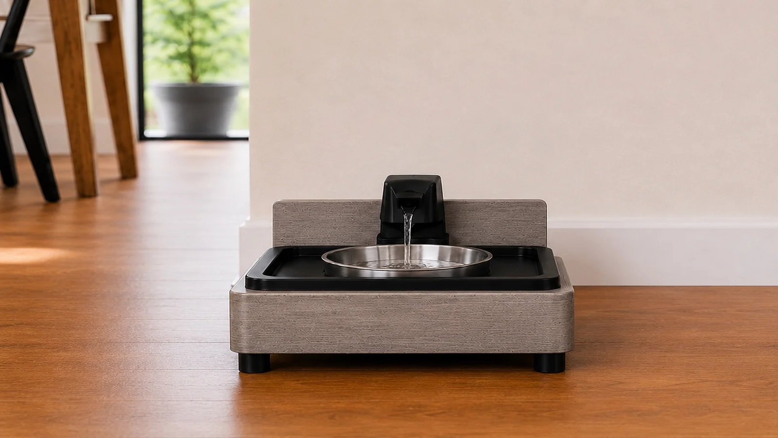 KibbleKraft Single Pet Wellness Fountain in Grey Oak.