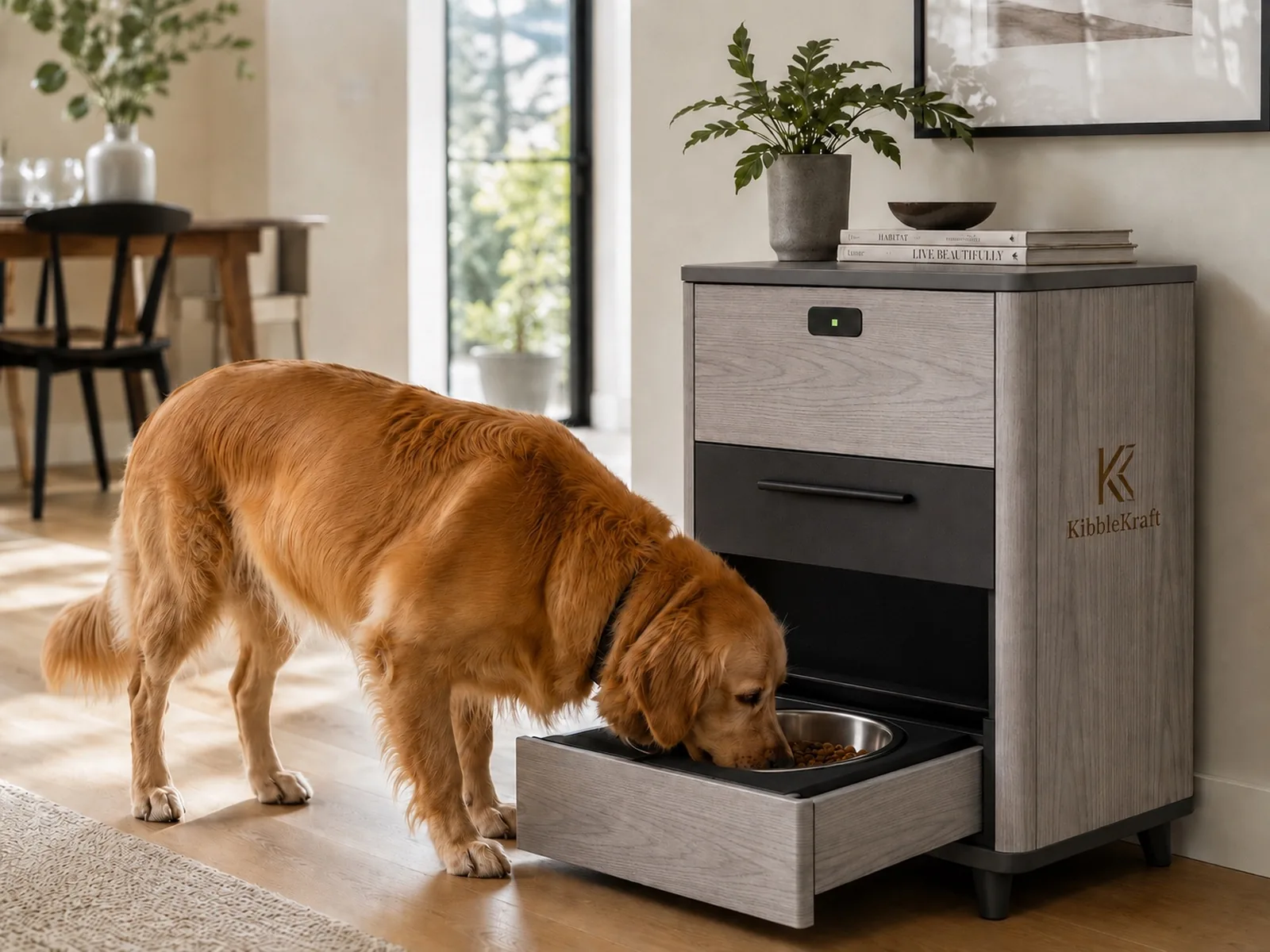 A golden retriever eating from the extended food bowl of a KibbleKraft Dispenser in Grey Oak, photographed in a warm modern home with a dining area and window in the background.