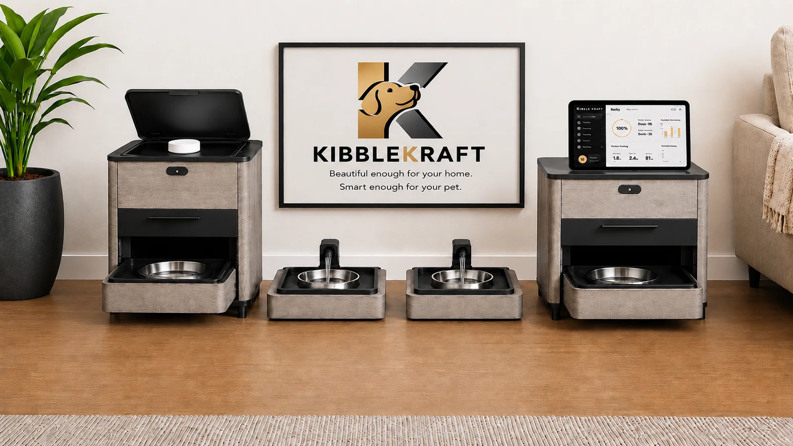 The KibbleKraft system in a warm modern home — SM Dispenser, two matching Wellness Fountains, and the ST Dispenser with the meal-plan dashboard.