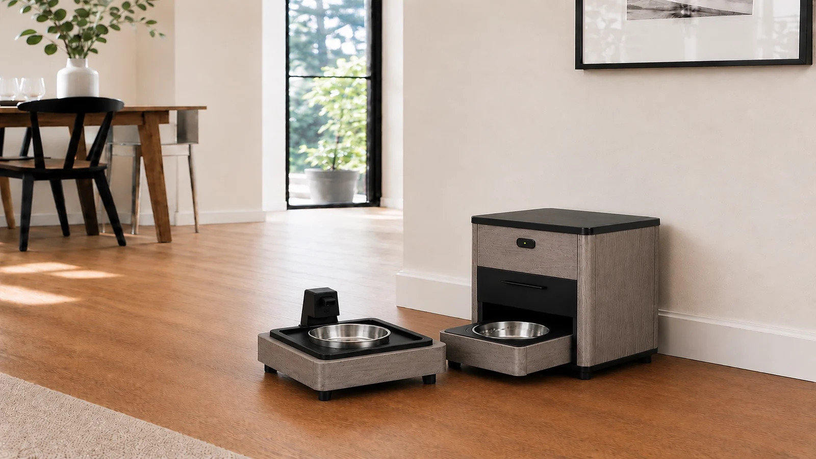 A KibbleKraft SM Dispenser and Single Pet Wellness Fountain in Grey Oak, photographed together in a warm home interior with golden hardwood floor and window light.