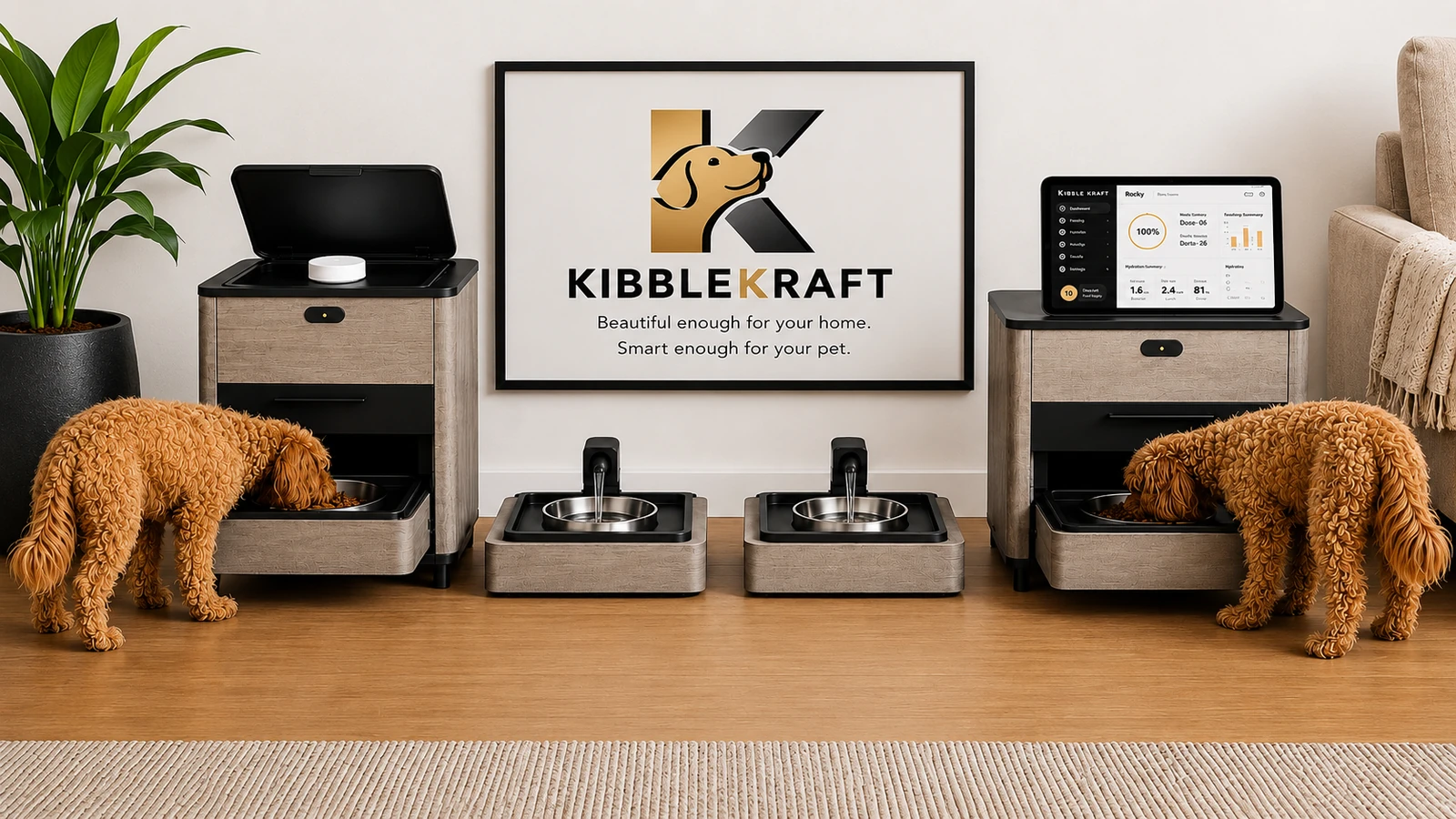 A KibbleKraft system in a warm modern home — an SM Dispenser on the left and a larger ST Dispenser on the right in Grey Oak, two matching Wellness Fountains between them, two golden doodles eating, and an app-ready tablet on the ST showing the meal plan dashboard.